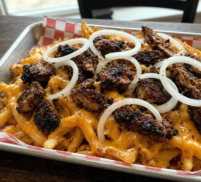 Jerk chicken cheese fries topped with onion rings
